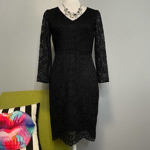 LOFT Black Lace Overlay Long Sleeve Cocktail Sheath Dress NEW 0